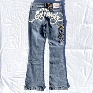 Ed Hardy Slim Flare Jeans Embroidered New York City Womens 28 Blue Spell Out